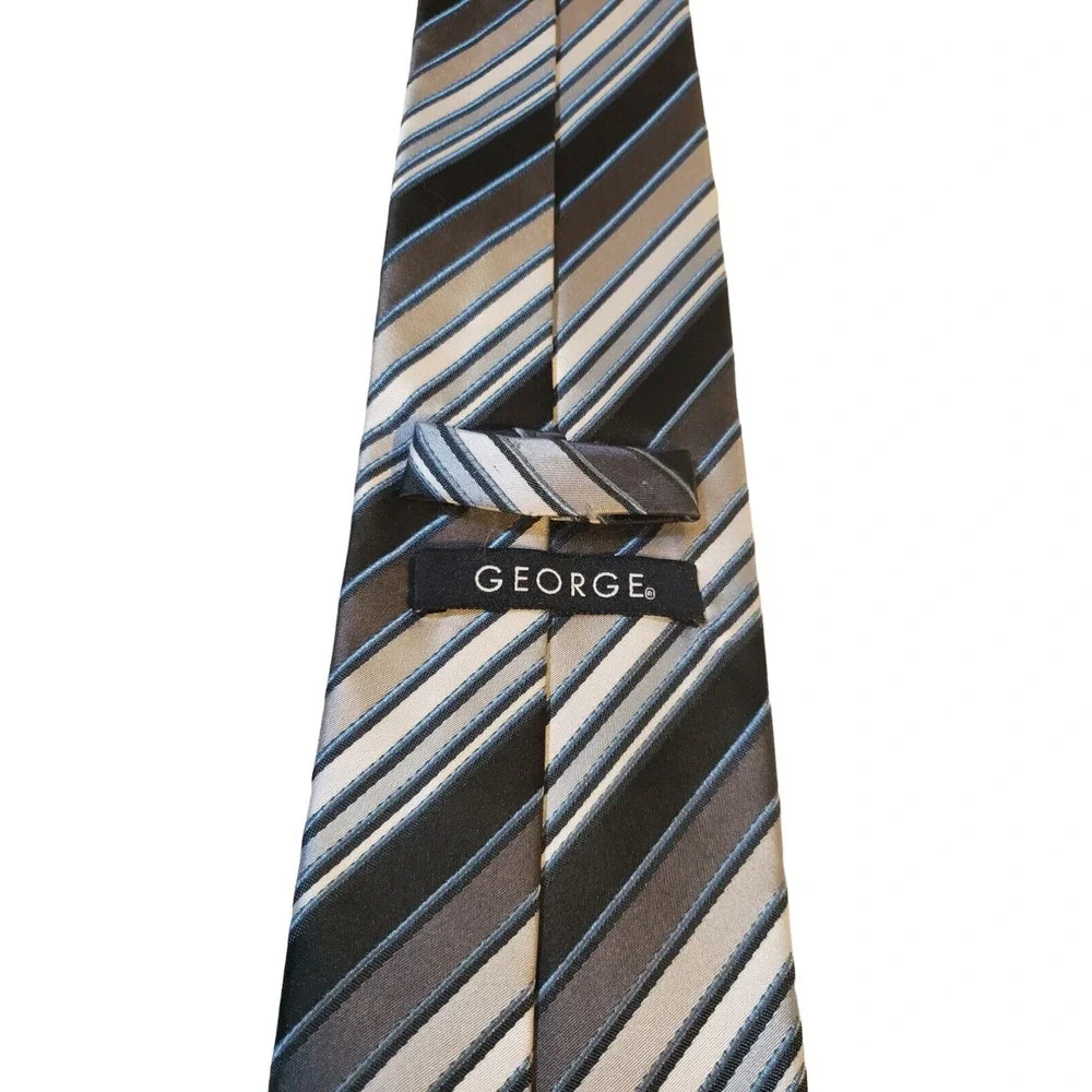George Gray, Silver & Black Striped Neck Tie Polyester Satin Finish Business Off